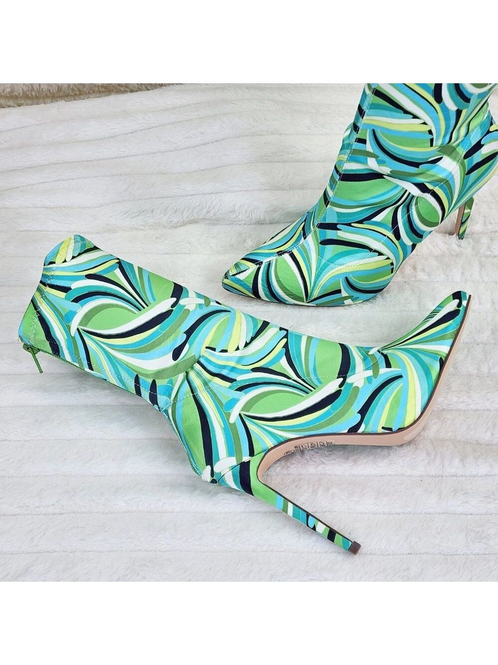Odin Crazy Wild Color Pattern High Heel Stretch Fabric Ankle Boots - Green Blue - Picture 5 of 15